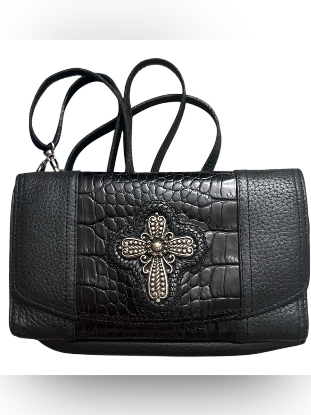 Vintage Brighton Leather Crossbody Wallet With Silver Cross Detail